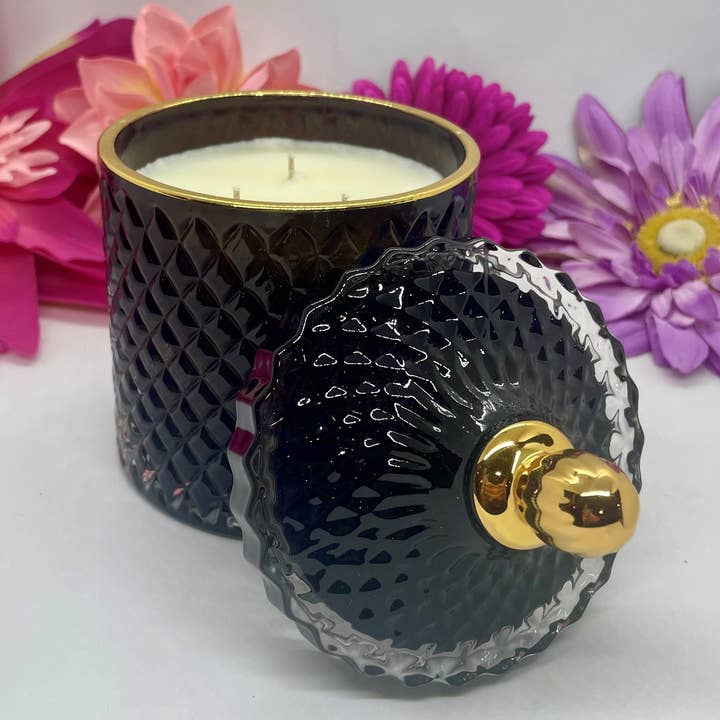 Diamond Black Décor-Gold Accent-Large 16oz-3 Wick Soy Candle for wholesale by Jamcat Candles
