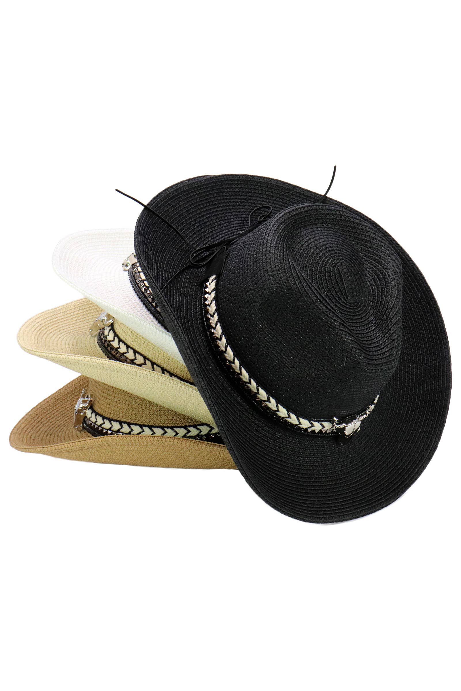 Cap Zone - Wholesale Cowboy Hat - Women's - Buffalo Skull Studs Braided Belt Straw Cowboy Hat4
