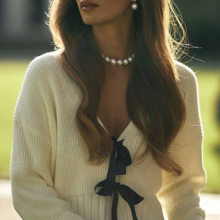 Rosa Clothing - Vente Cardigan – femme - Cardigan en tricot uni avec nœud papillon sur le devant8