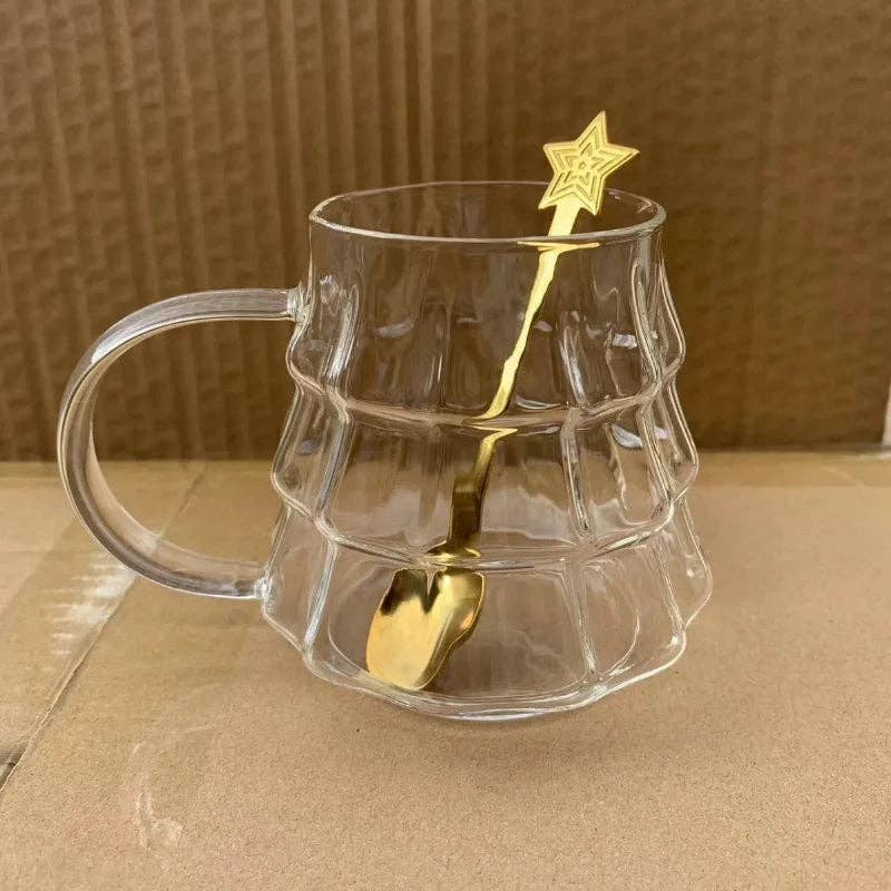 Kiyo Home - Wholesale Drinking Glass/Cup - Holiday Tree Glasses and Gold Star Spoon | Christmas Mugs1