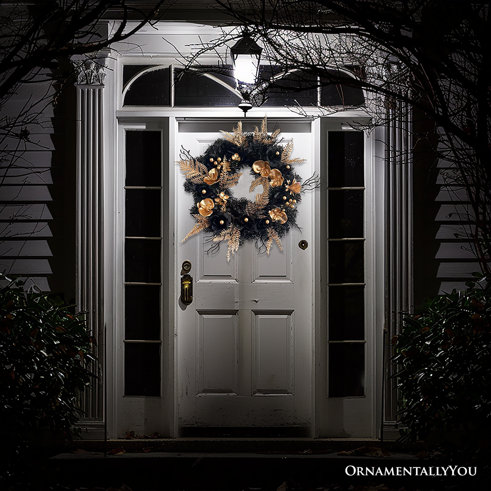 OrnamentallyYou – Großhandel Kranz – Schwarzer und goldener, eleganter Gothic-Kranz, 20", mit gruseligem Horrormotiven3