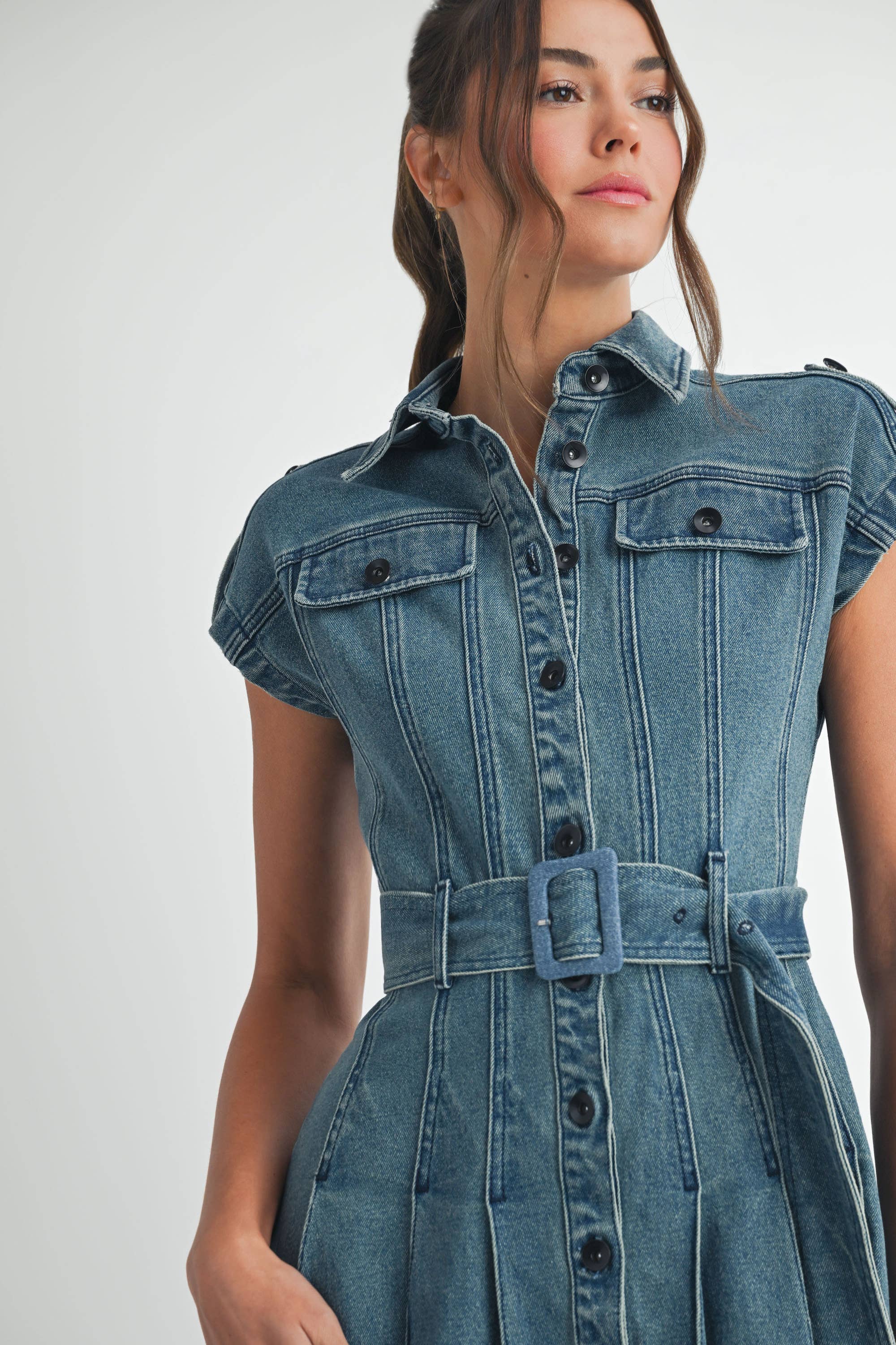 MIDIUM WASH Denim Belted Midi Dress  for wholesale on Faire1