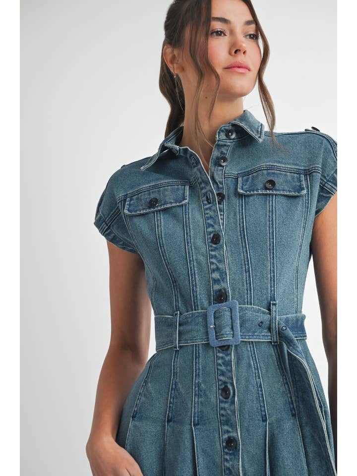 MIDIUM WASH Denim Belted Midi Dress for wholesale on Faire1