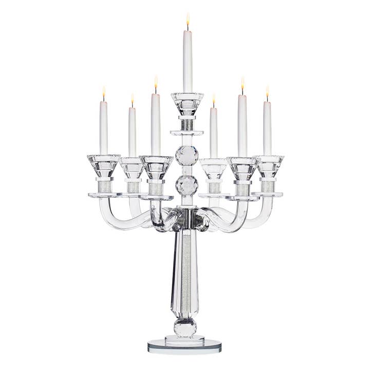 Boker-Tov Shalom - Wholesale Candle Holder - Crystal Candelabra 7 Arm Middle Stem Round Crystals