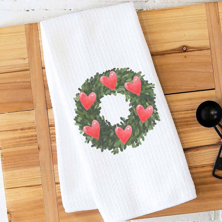 Heart Wreath Kitchen Towel, Valentines Day Dish Towel for wholesale by Canary Road