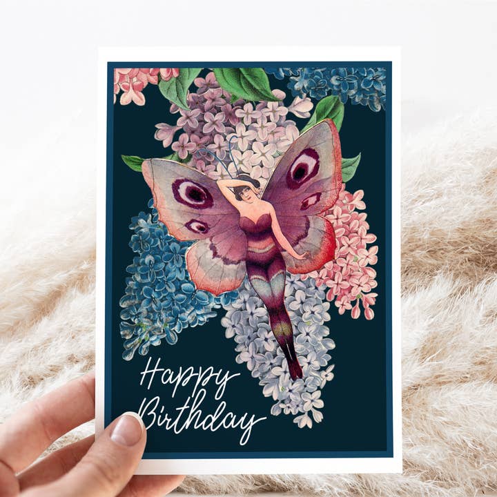Birthday Card. Fairy Girl With a Bouquet of Lilacs. for wholesale by Cheerful Whimsies