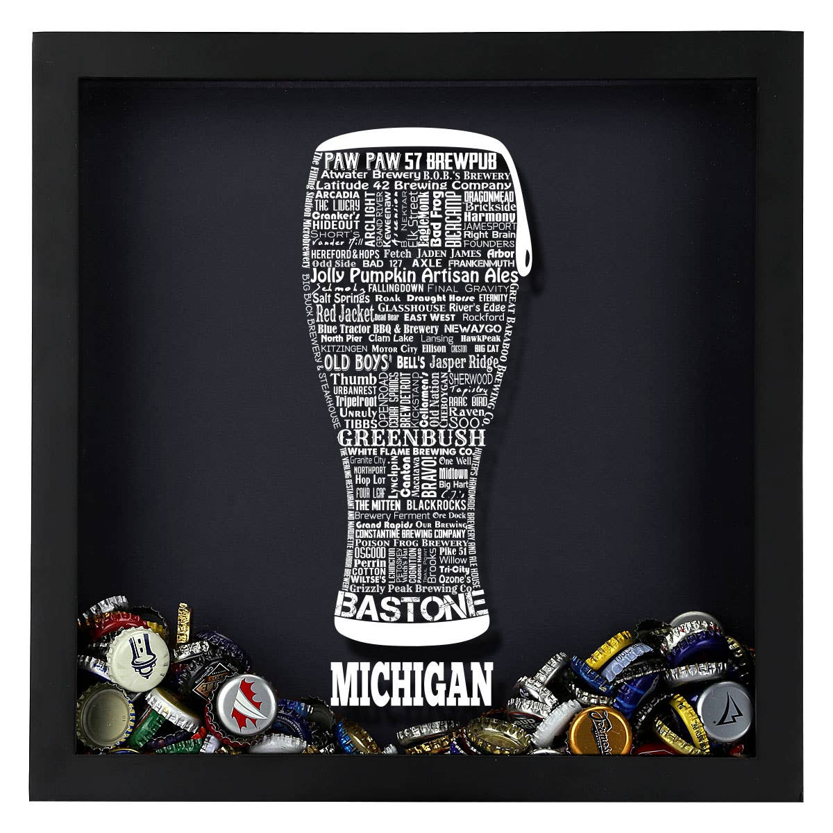 Torched Products - Vendita all'ingrosso Decorazione da parete 3D - State Beer Cap Shadow Box, nero, tipografia della birra artigianale20