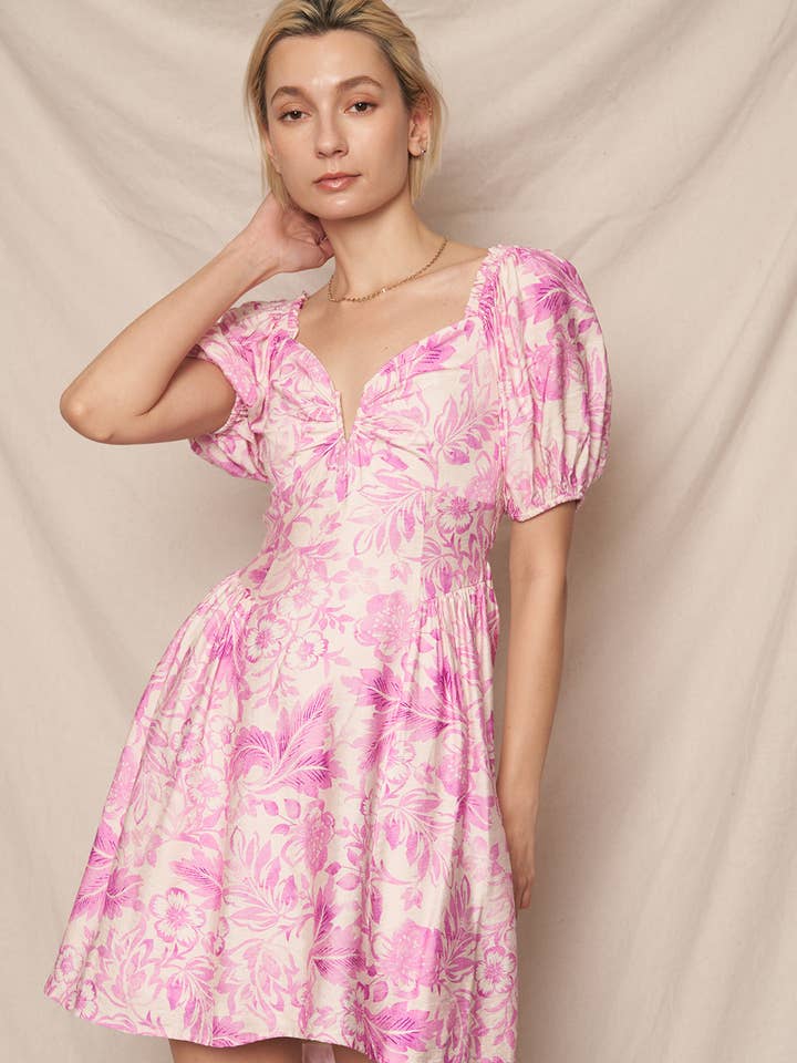 Puff Sleeve Tropical Print Mini Dress for wholesale by En Crème