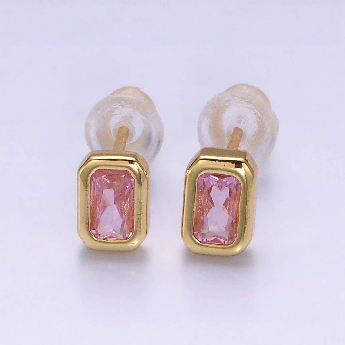 Aim Eternal - Wholesale Stud/Post Earrings - 14K Gold Filled Blue, Clear, Fuchsia, Red, Pink Multifaceted Baguette CZ Bezel Stud Earrings | AD-448~AD-4524