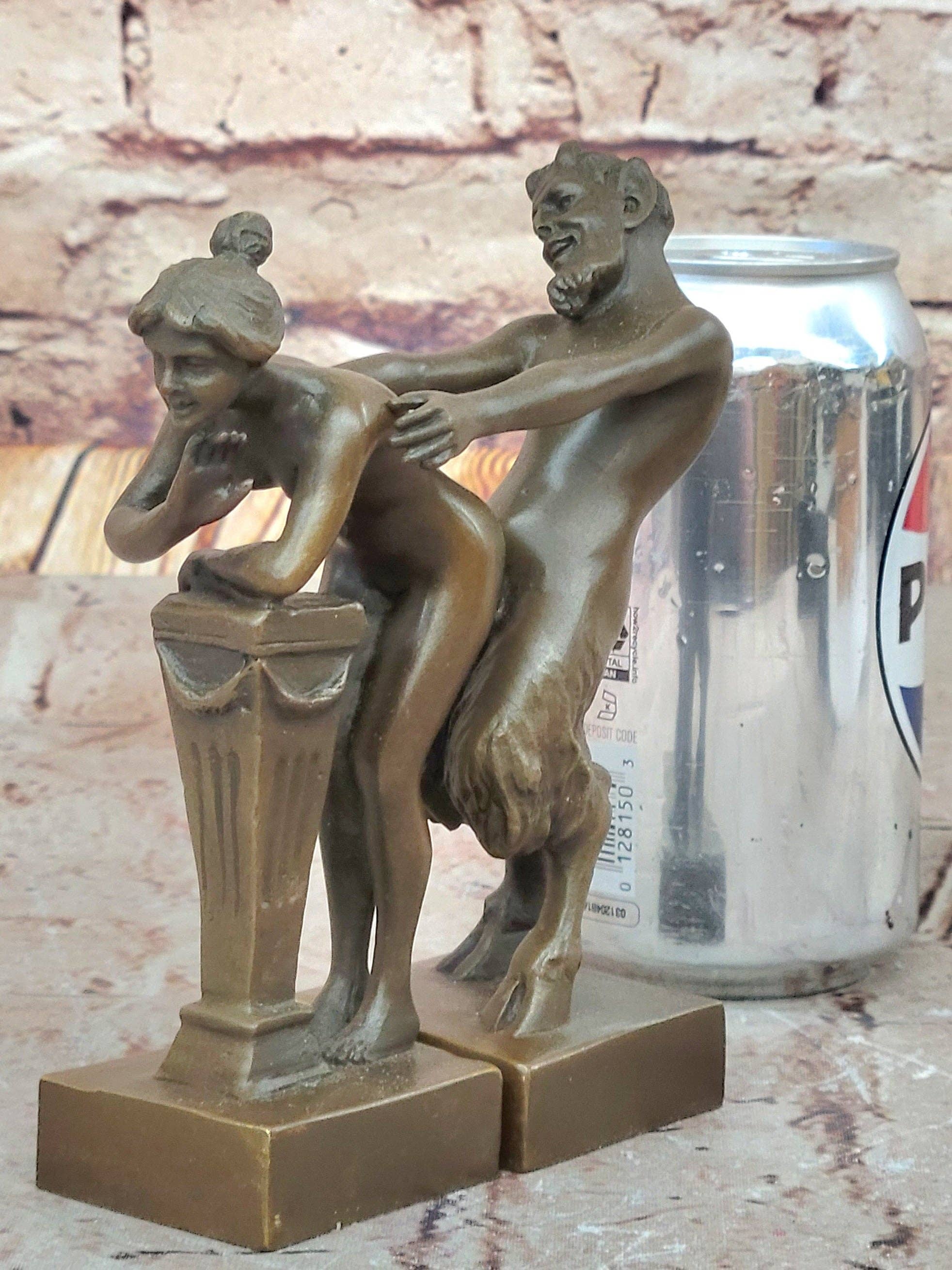 Bronzhaus - Wholesale Sculpture - Greek Faun Satyr & Nymph Girl Erotic Nude Bronze Bookend Sculpture Figures1
