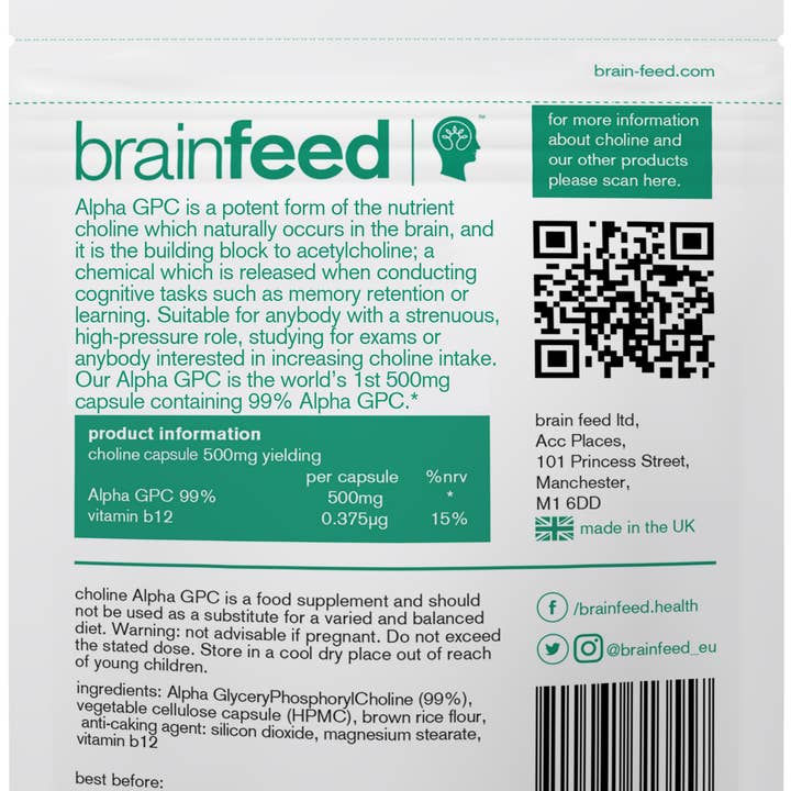 brain feed ltd - Vente Supplément oral/vitamine - Choline Alpha GPC 99 % 500 mg gélules - 30 gélules2