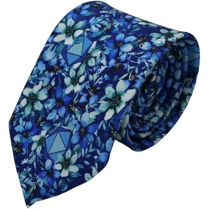 Light Blue Floral Dice Pattern Premium Necktie (Handmade, 100% Silk) - Adventurer's Forge for wholesale by Poggers