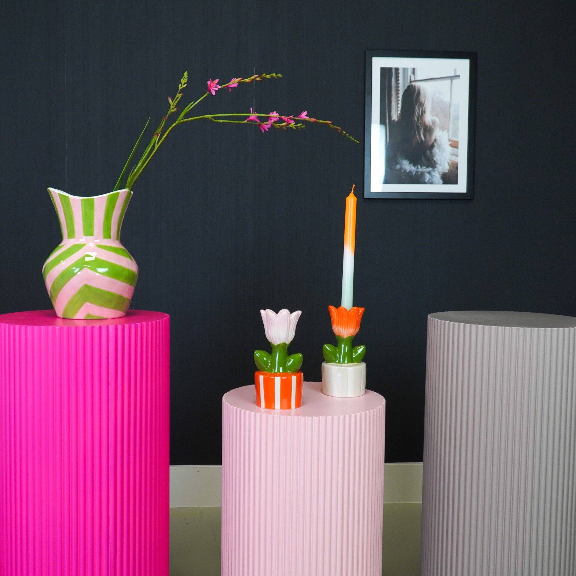 Housevitamin bv - Wholesale Candle Holder - Candle Holder - Tulip - Stoneware- Sand/Orange- 9x8,5x17,5cm2