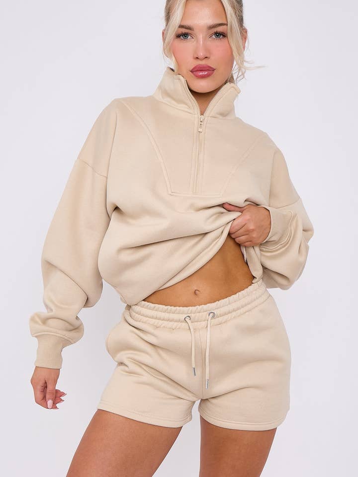 AX Labels - Wholesale Lounge Set - Women's - 1/2 Zip Top & Shorts Fleece Co-ord1