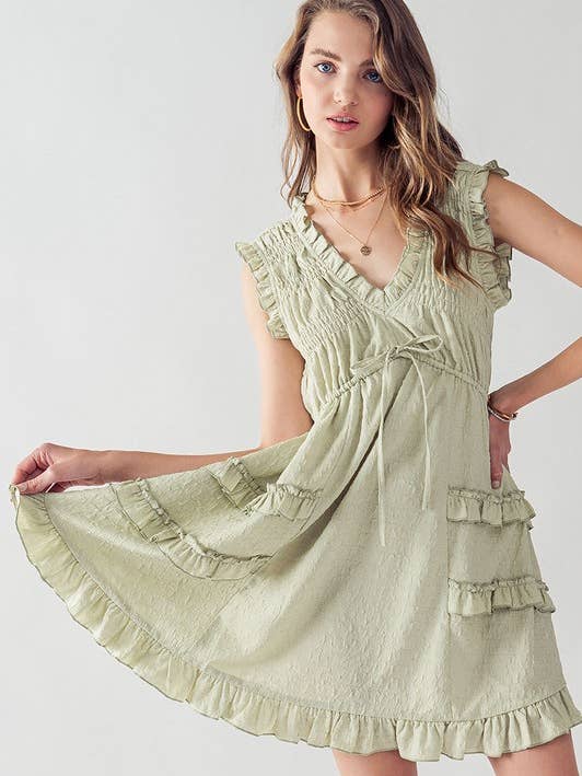 APPLE GREEN TIERED RUFFLE DRESS V NECK WITH RUFFLE for wholesale on Faire0