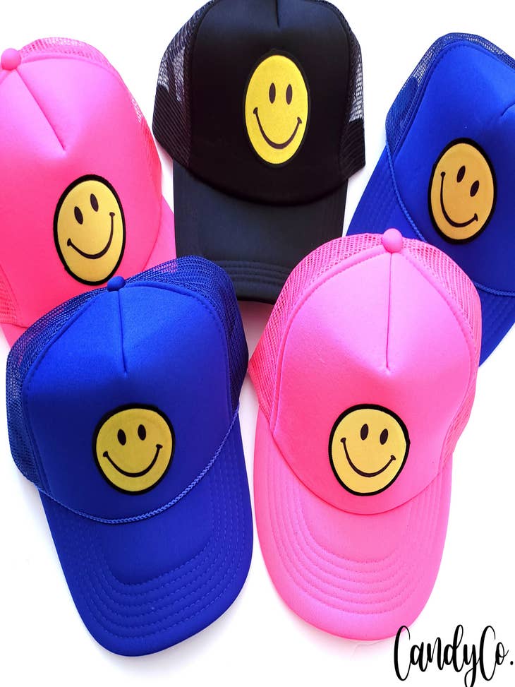 Wholesale Smiley Face Patch Pink Trucker Hat cap for your store - Faire