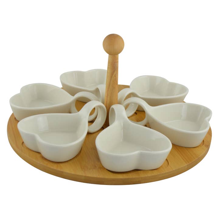 Three Star IM/EX Inc. - Wholesale Serve Bowl - Ceramic Heart-Shaped Bowl Set with Bamboo Lazy Susan Base
