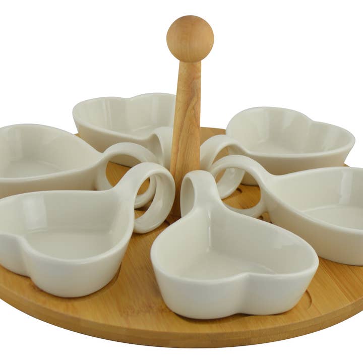 Ceramic Heart-Shaped Bowl Set with Bamboo Lazy Susan Base for wholesale by Three Star IM/EX Inc.