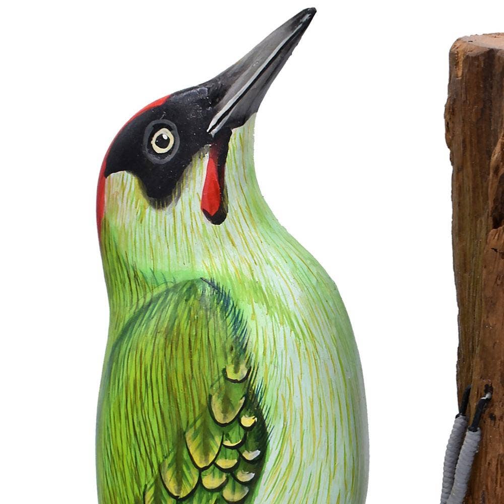 Shared Earth – wholesale Decorative figurine – Green woodpecker on tree trunk, hand carved and painted2