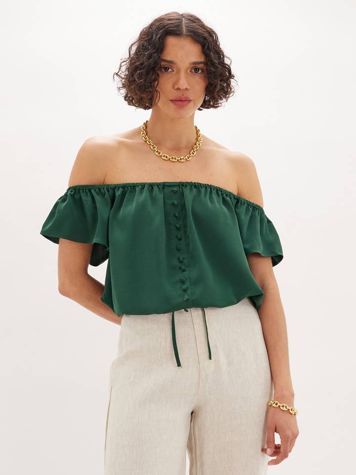 Regan Off Shoulder Crop Top - Skovgrøn for engroshandel hos Amelius