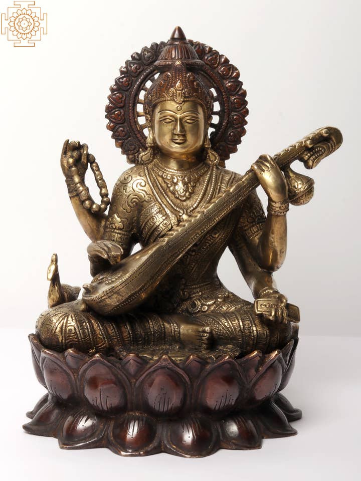 12" Devi Saraswati Idol - Goddess of Wisdom Brass Statue for wholesale by Exotic India Art