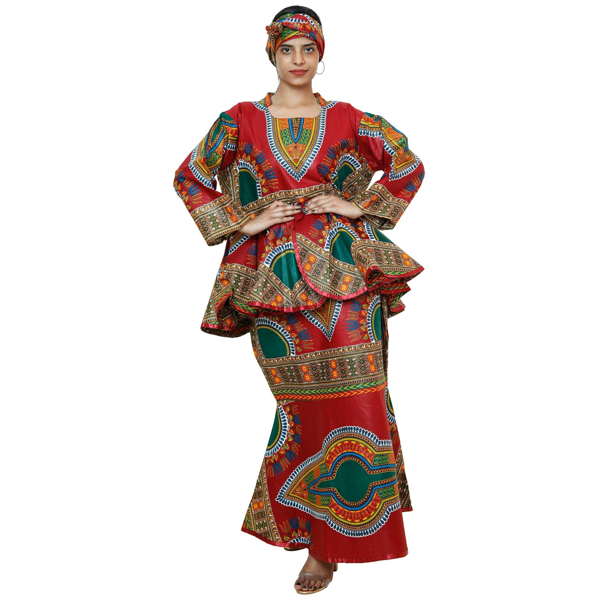 African Stars - Wholesale Top & Skirt Set - Women's - African Women's Dashiki Long Sleeve Peplum Skirt Set -- FI-3009D3
