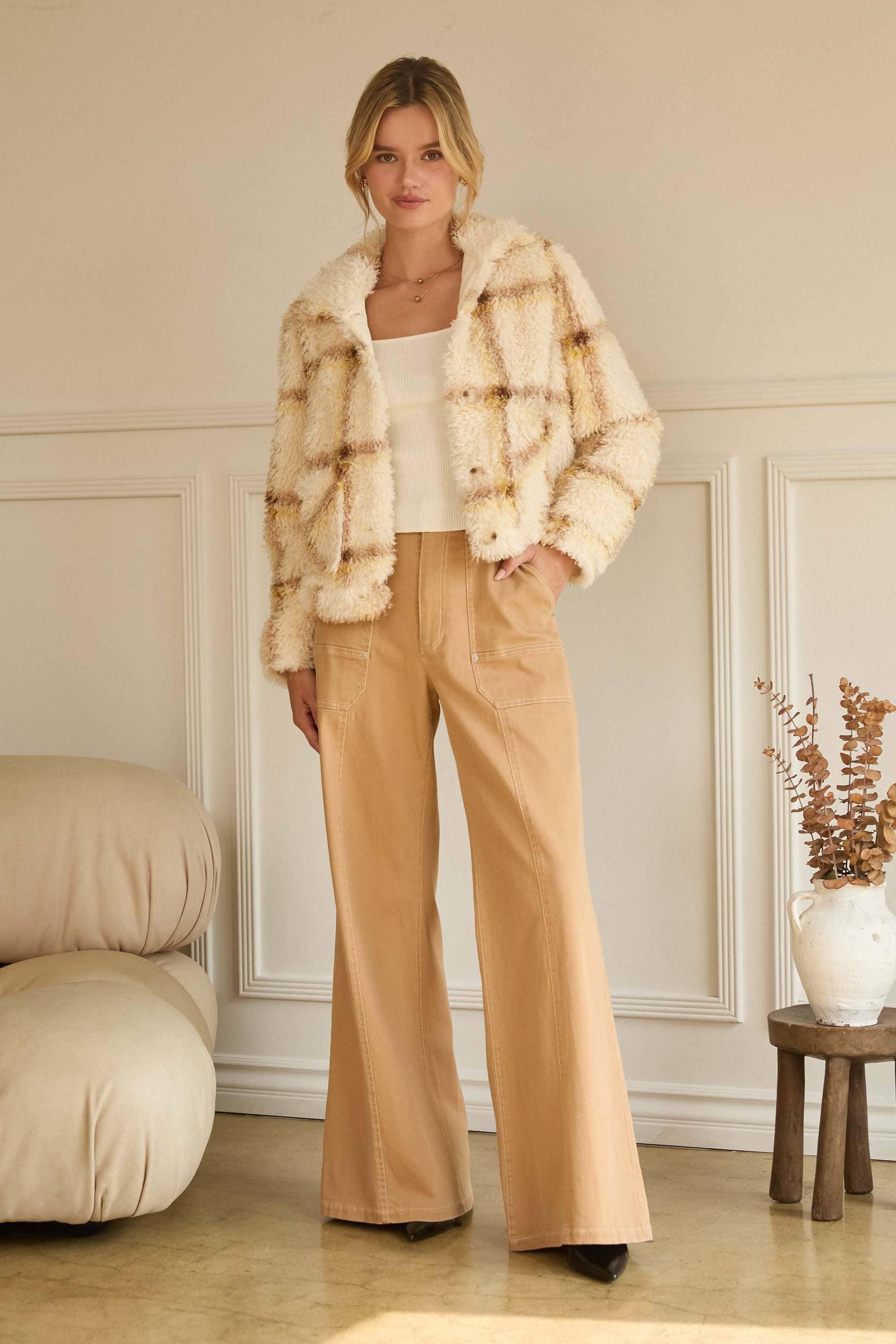 Cream Yellow Faux Sherpa Plaid Button Down Shirt Jacket for wholesale on Faire3