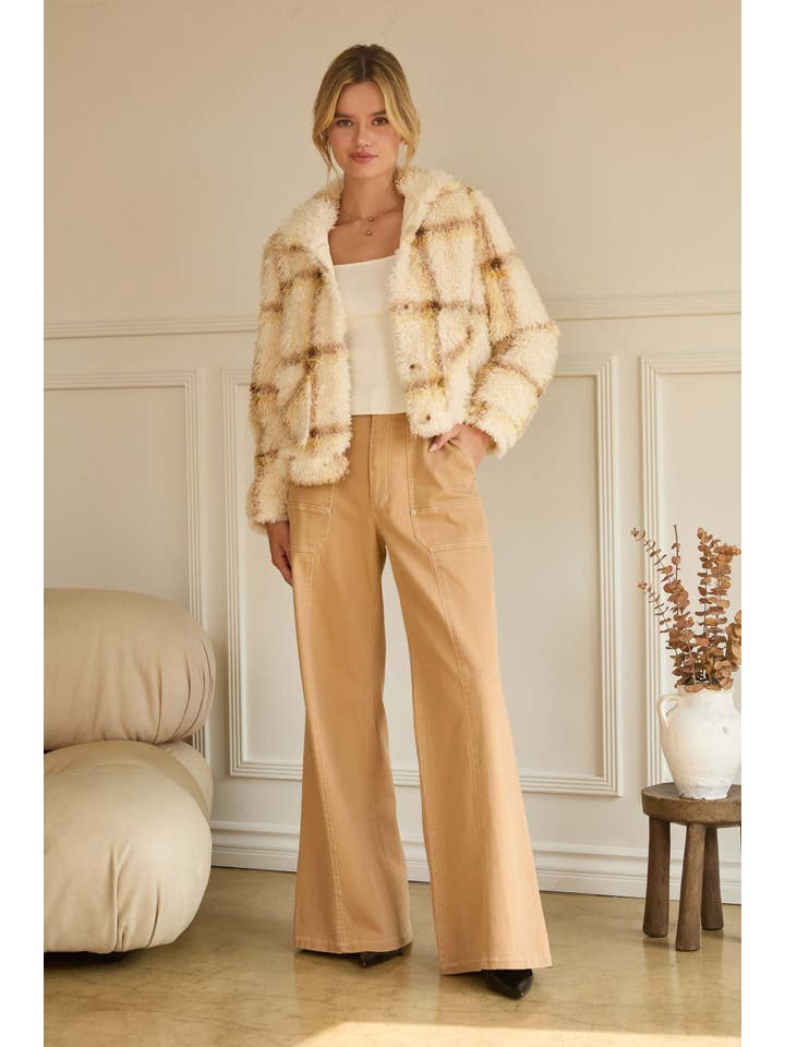 Cream Yellow Faux Sherpa Plaid Button Down Shirt Jacket for wholesale on Faire3