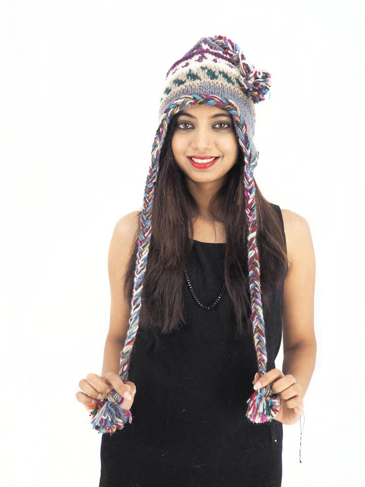 Handmade Crochet Hand Knitted Boho Hippie 100% Wool Fleece Lined Hat 6062 for wholesale by Purple Boho