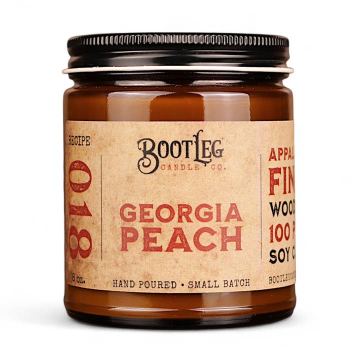 Georgia Peach - 8oz Soy Wax, Wood Wick Candle for wholesale by Bootleg Candle Company
