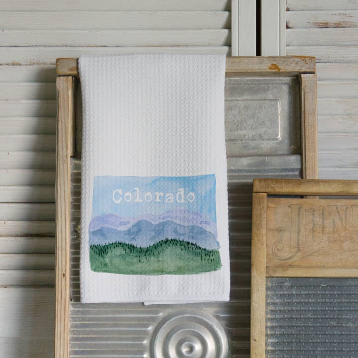 Colorado State Watercolor Mountain Landscape Tea Towel for wholesale by Middlefork & Co.