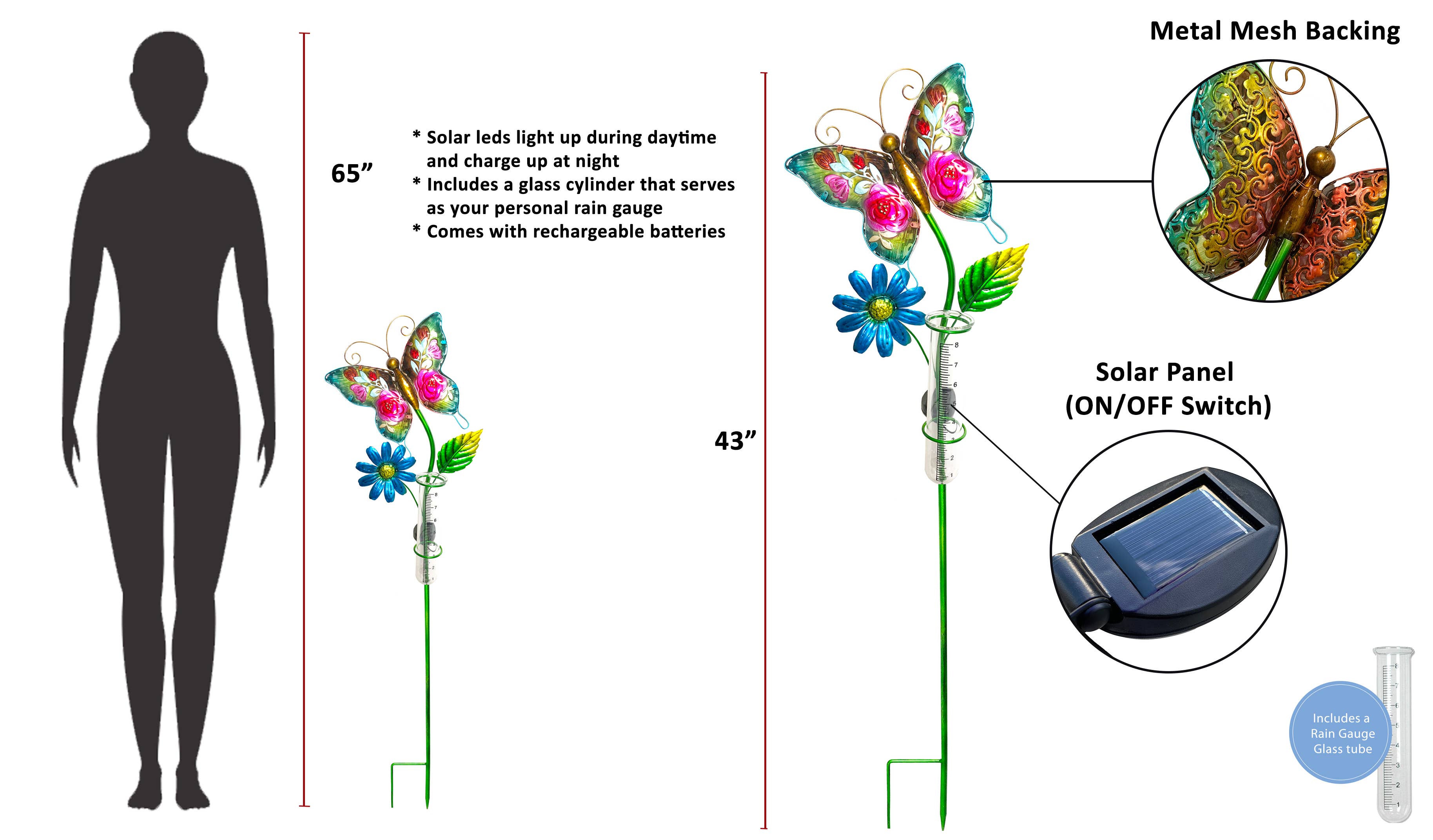 Continental Art Center - Vente Piquets de jardin/pelouse - Poteau de pluviomètre lumineux papillon solaire5