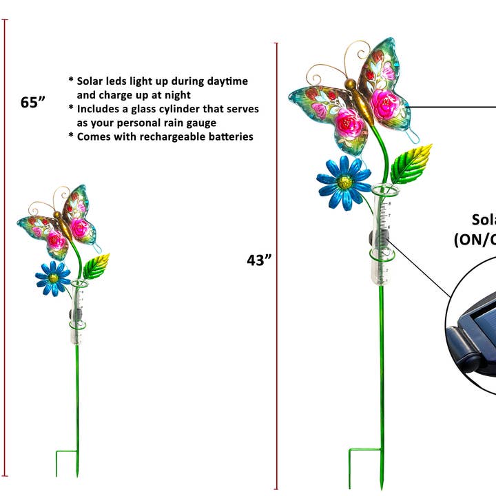 Continental Art Center - Wholesale Garden/Lawn Stake - Solar Butterfly Lighted Rain Gauge Stake5