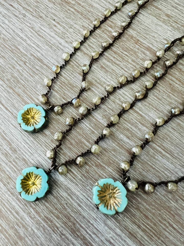 Golden Aqua Crystal Flower Crocheted Necklace for wholesale by Twist Style