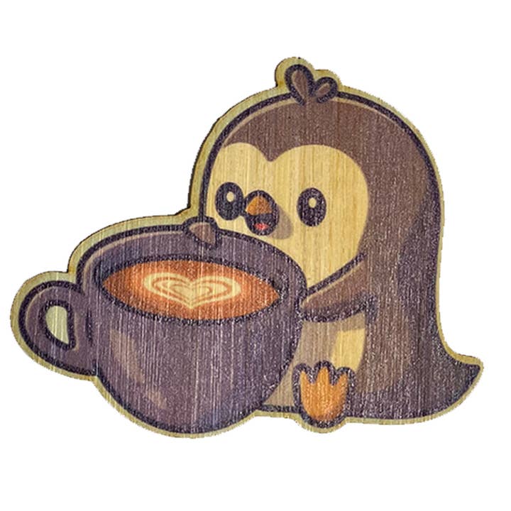 Bamboo Wood Stickers - Wholesale Sticker - Penguin Drinking Coffee0