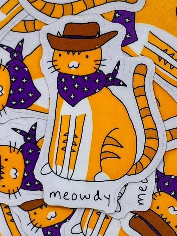 Meowdy Howdy Cowboy Cat 3-inch vinyl gestanste sticker voor wholesale door Fautbarb