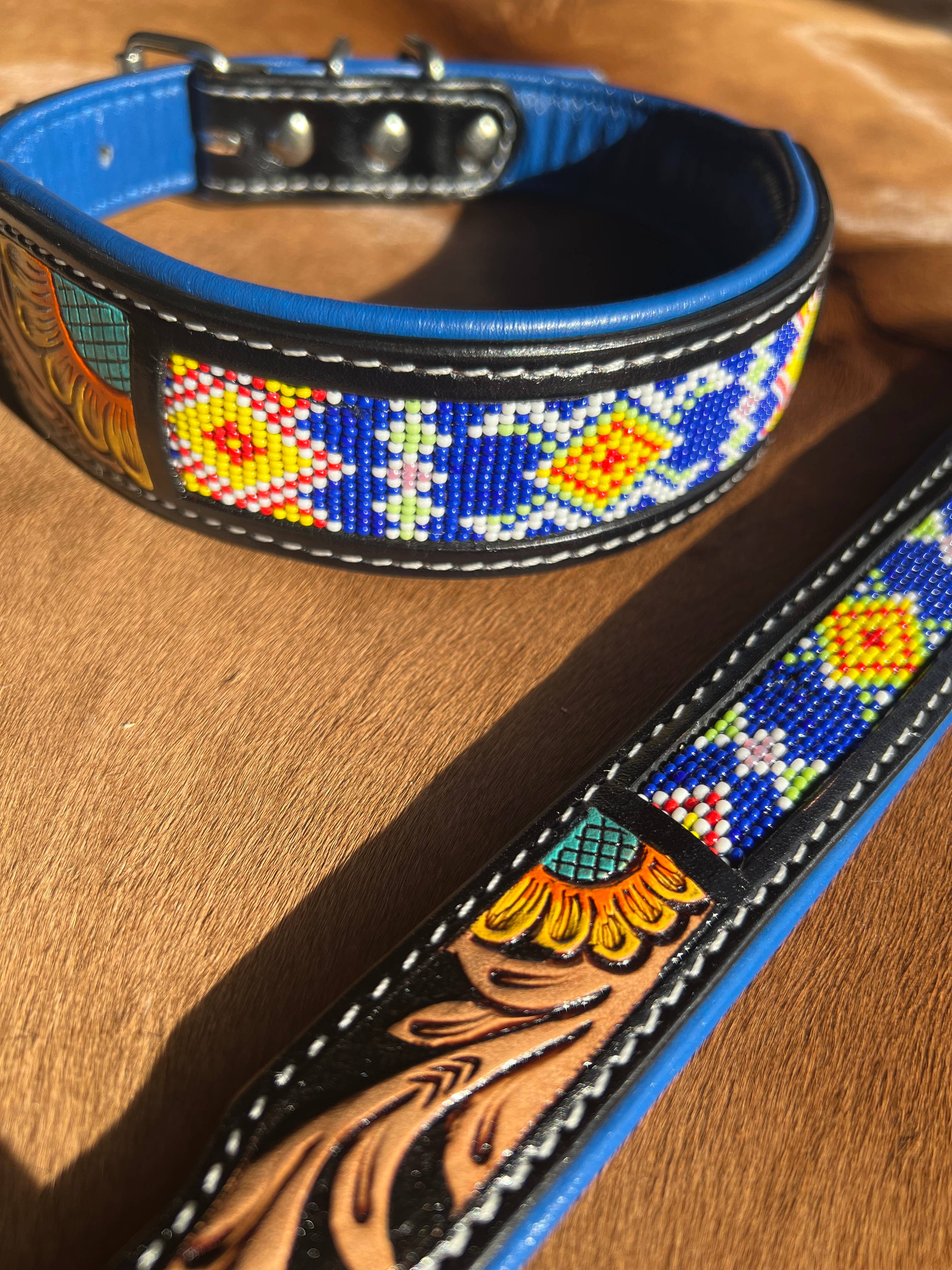 Westrian International - Wholesale Pet Collar - Dog - Tooled Leather Beaded Sunflower Painted Western Dog Collar3