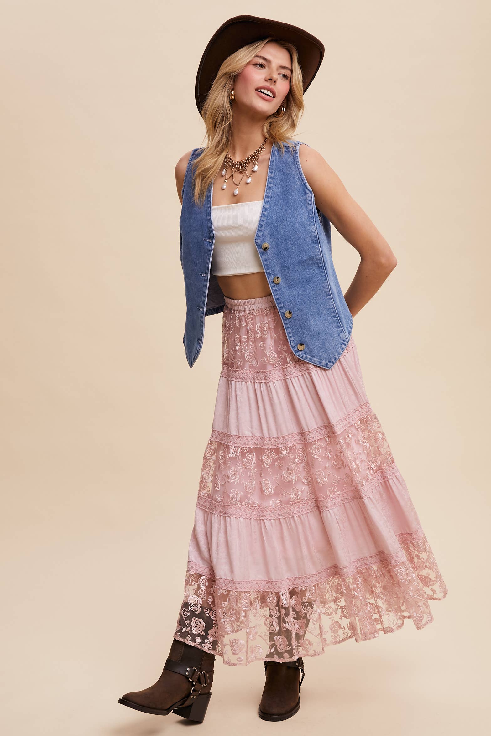 Listicle - Vente Jupe – femme - Jupe longue à volants brodée de fleurs9