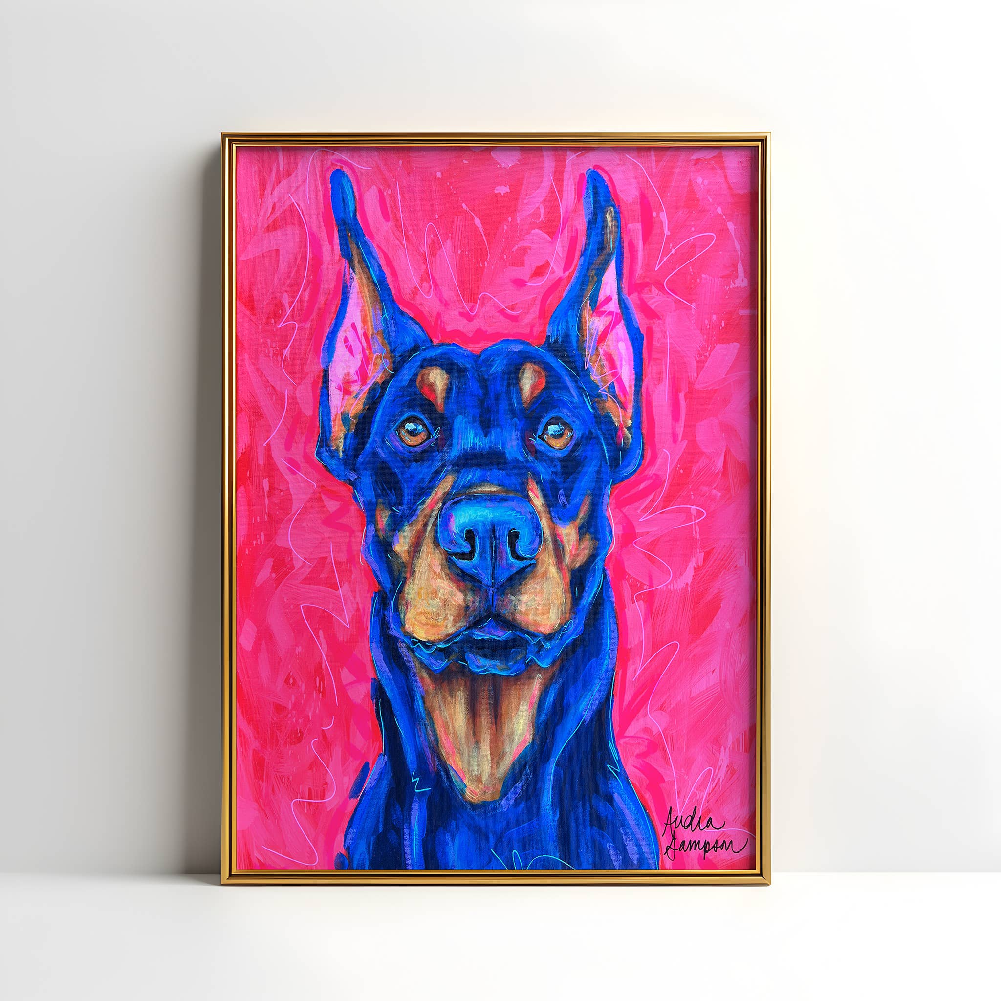 Audra Style – Engroshandel Kunsttryk – Doberman Hundekunsttryk, Kæledyrskunst, Maksimalistisk Kunst, Dopamindekoration, Trendy Farverig Vægplakat