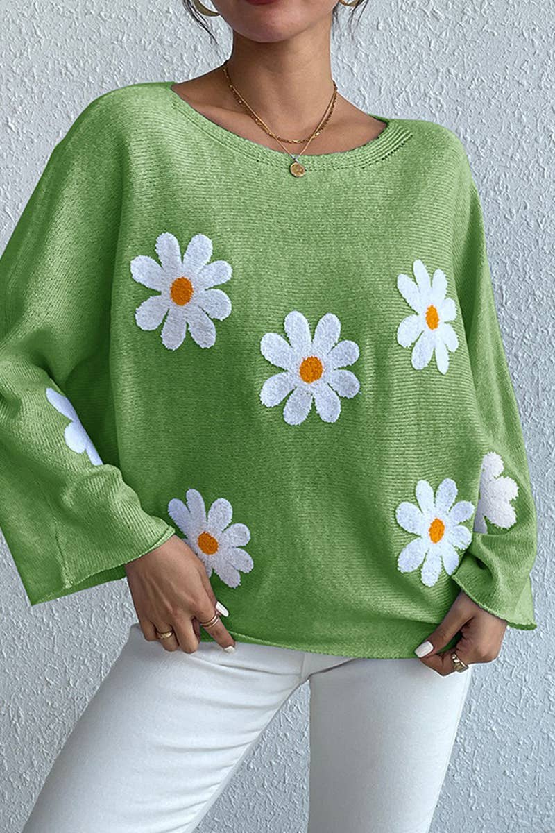 Lily Clothing - Wholesale Knit Sweater - Women's - Floral embroidery loose crew neck pullover sweater2
