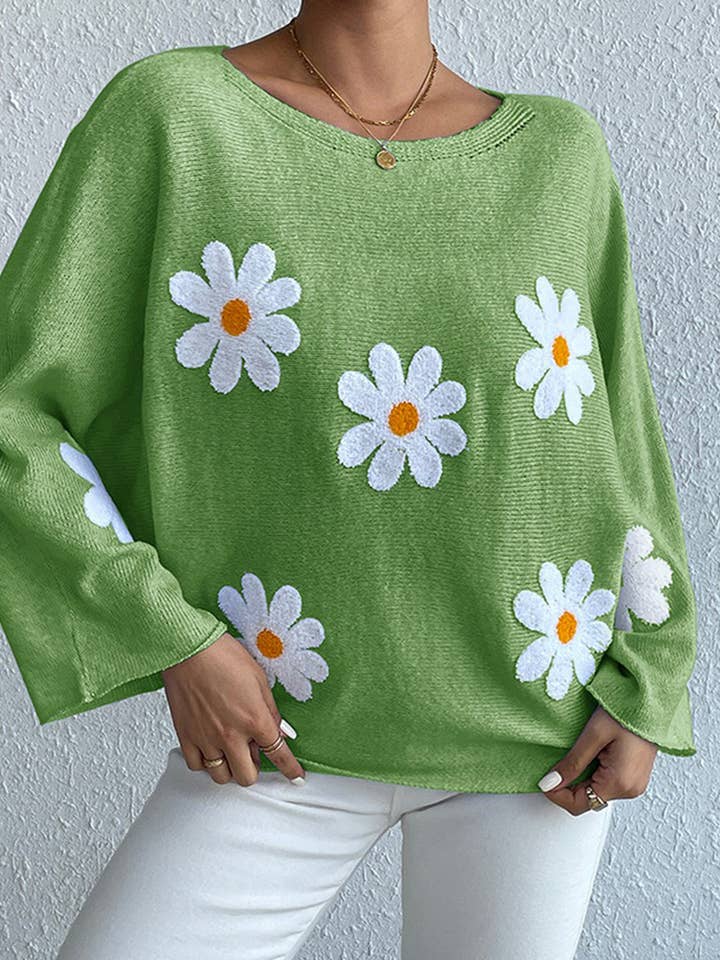 Lily Clothing - Wholesale Knit Sweater - Women's - Floral embroidery loose crew neck pullover sweater2
