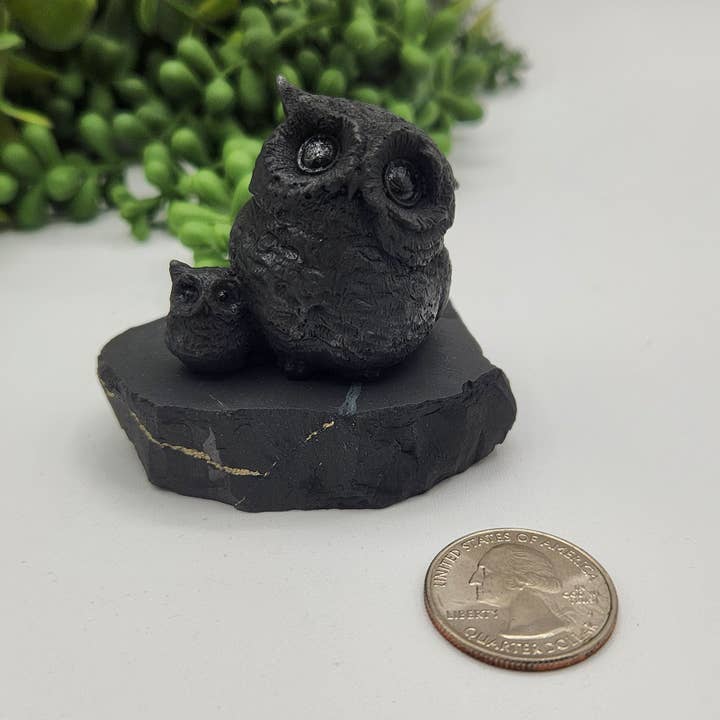 Meraki Gemstones - Wholesale Decorative Figurine - Shungite Figurine Owl and Owlet - EMF Protection (6.5x4x5cm)
