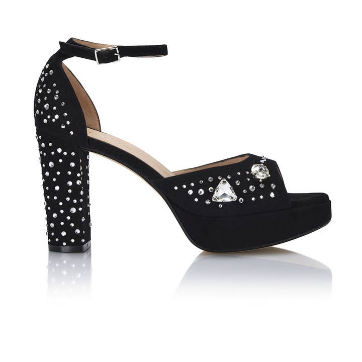 The Moment Platform - Black Suede/Clear Crystals for wholesale by Nicki Hoyne