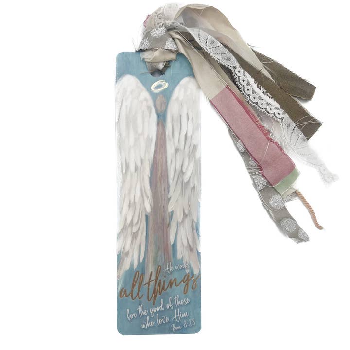 Marcapáginas de la Biblia con Borla de Ángel Romanos 8:28 para venta al por mayor de Rachel Brooks Design, LLC