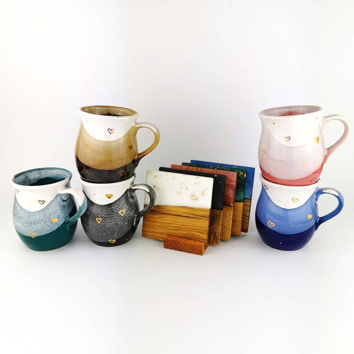 Gold Hearts Belly Mugs With Coasters for wholesale by Ceramic Connoisseur