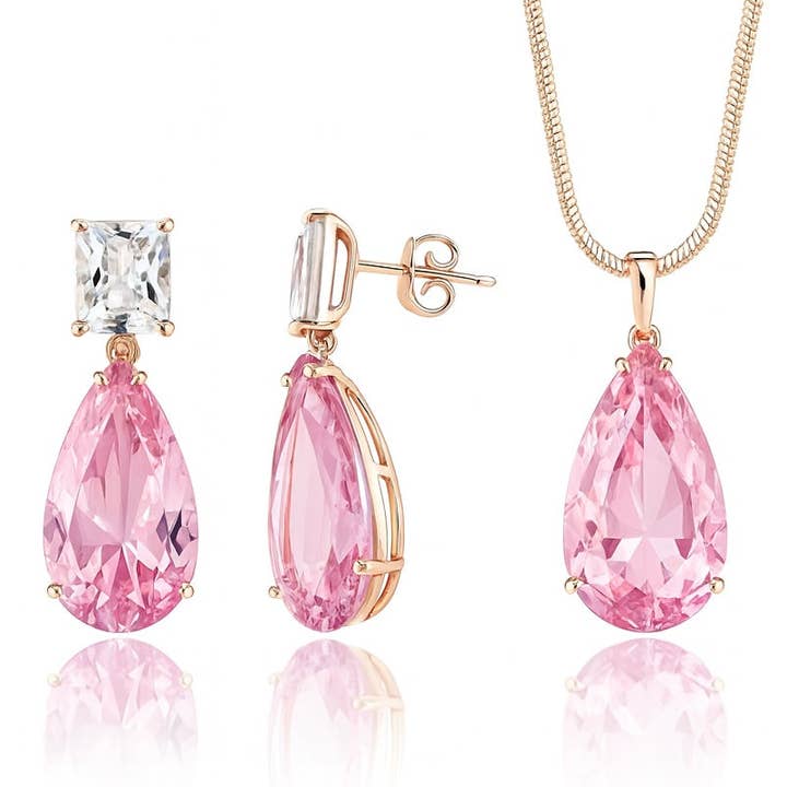Ensemble de boucles d'oreilles pendantes et pendentif plaqué or avec CZ rose pour la vente par Sedy Jewelry