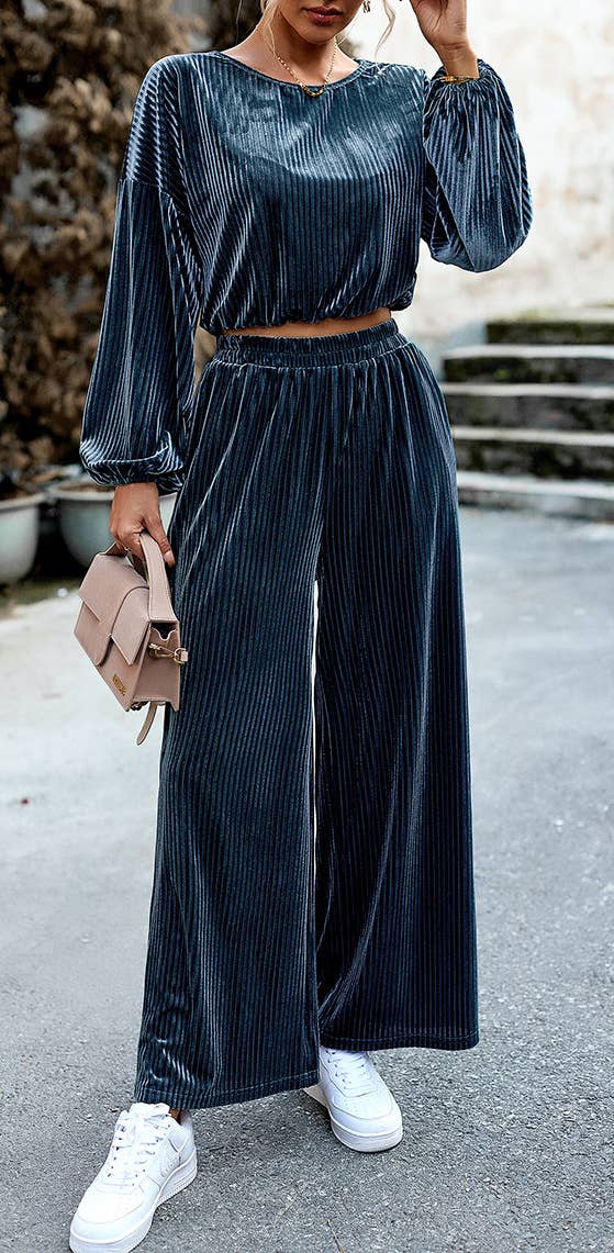 HIDDENBRAND - Wholesale Top & Pant Set (NOT Loungewear) - Women's - Women's Velvet Suit Casual Two Piece0