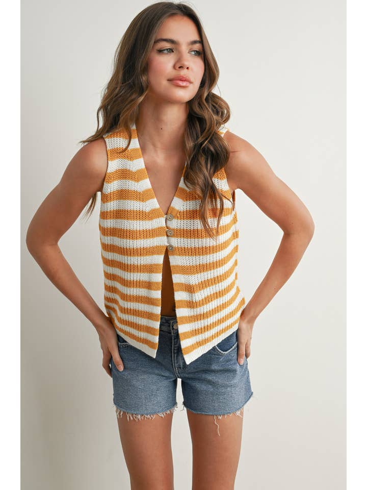 BUTTERMELON - Wholesale Sweater Vest - Women's - Striped Button-Front Sweater Vest - BMW773314