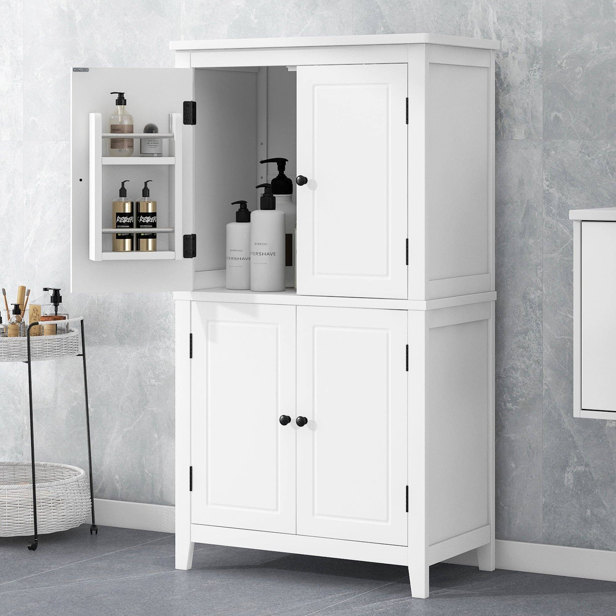 Orange County Decor - Wholesale Cabinet - Elegant Bathroom Floor Storage Cabinet, Bathroom Storage Unit, Freestanding Cabinet With 4 Doors, Adjustable Shelves, Adaptable Shelves, White White Mdf3