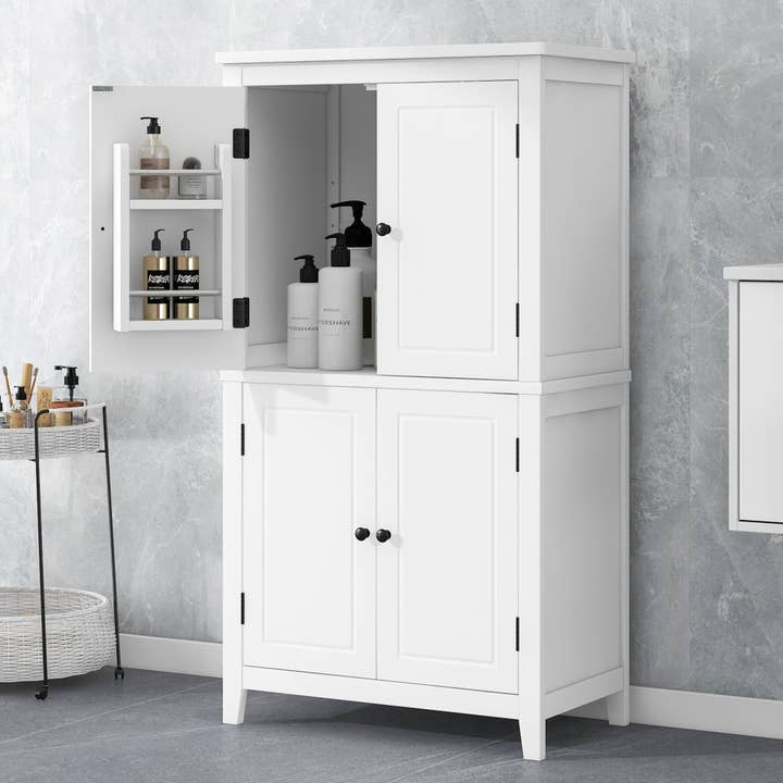 Orange County Decor - Wholesale Cabinet - Elegant Bathroom Floor Storage Cabinet, Bathroom Storage Unit, Freestanding Cabinet With 4 Doors, Adjustable Shelves, Adaptable Shelves, White White Mdf3